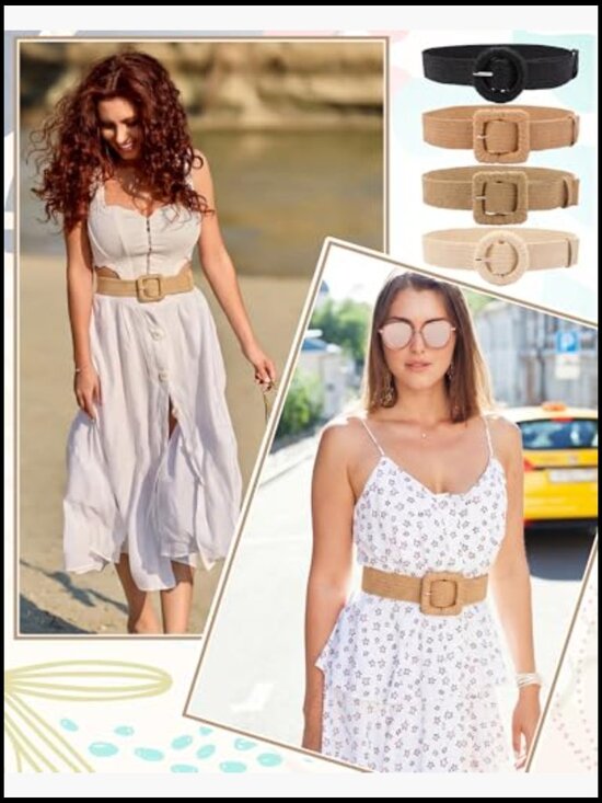 4 Pack Elastic Raffia Woven Belt Boho Stretch Straw Wide Waist Belt main image 5